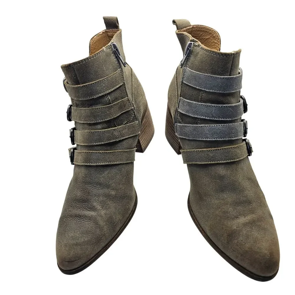 Lucky Brand Loreniah Suede Buckle Ankle Boots Booties Gray Green Sz 8.5